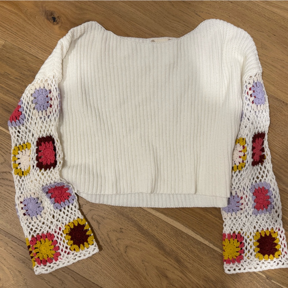 Altar'd State Cream Sweater with Colorful Crochet Sleeves